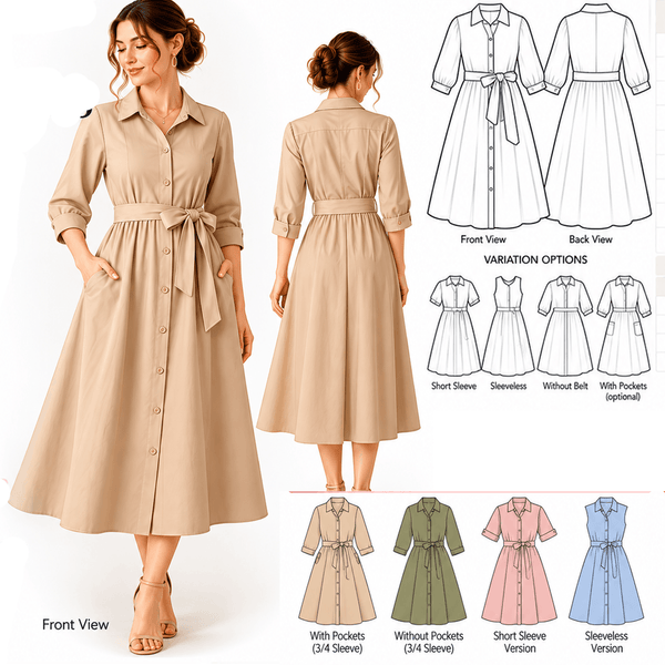 Belted Shirt Dress Sewing Pattern PDF Instant Download