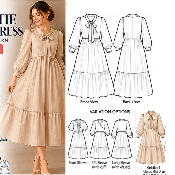 Bow Tie Neck Dress Sewing Pattern PDF Instant Download