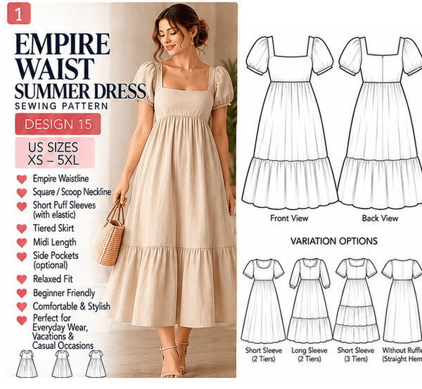 Empire Waist Summer Dress Sewing Pattern PDF Instant Download