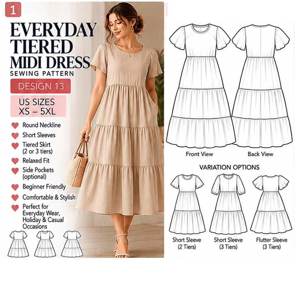 Everyday Tiered Midi Dress Sewing Pattern PDF Instant Download