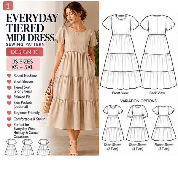Everyday Tiered Midi Dress Sewing Pattern PDF Instant Download
