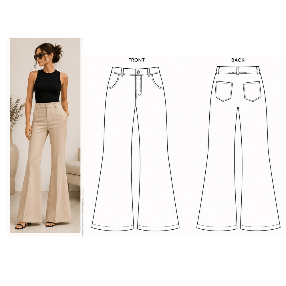 Flared Pants Sewing Pattern PDF | High Rise Bell Bottom | Instant Download | Sizes XS–5XL