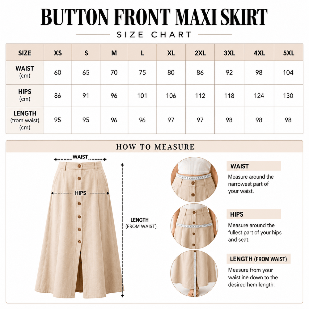 Button Front Maxi Skirt Sewing Pattern PDF | High Waist A-Line | Instant Download | Sizes XS–5XL