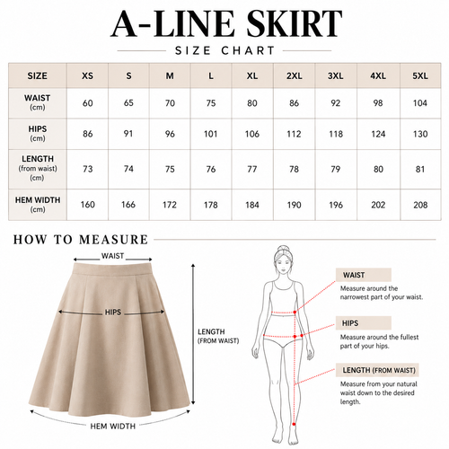 A-Line Skirt sewing pattern size chart XS-5XL