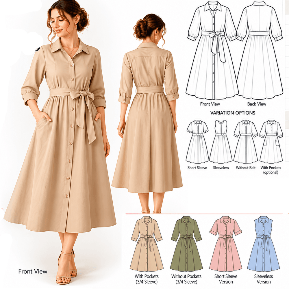 Belted Shirt Dress Sewing Pattern PDF Instant Download