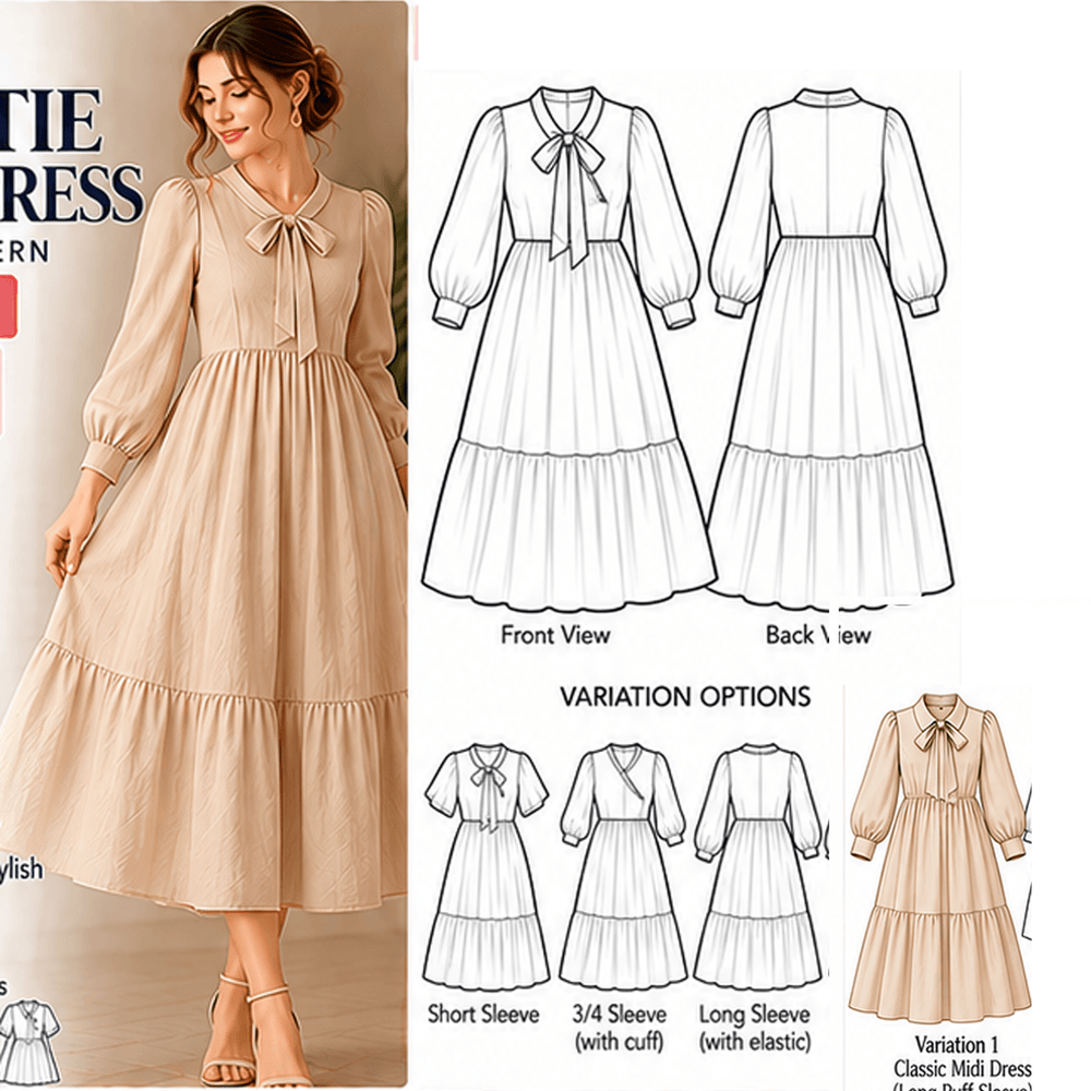 Bow Tie Neck Dress Sewing Pattern PDF Instant Download