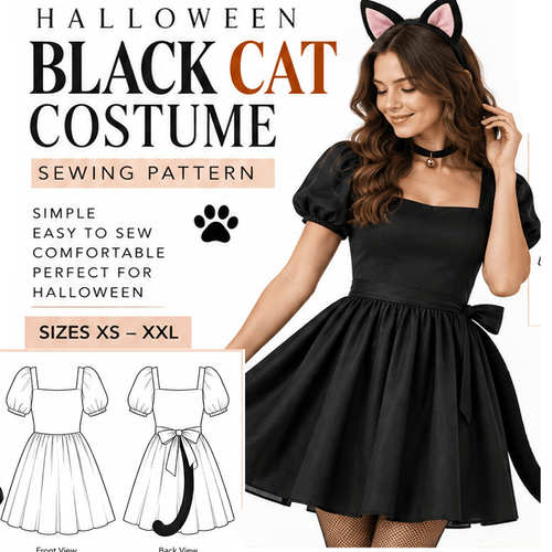 Black Cat Costume PDF sewing pattern for women, Halloween cat dress with puffed sleeves and bow