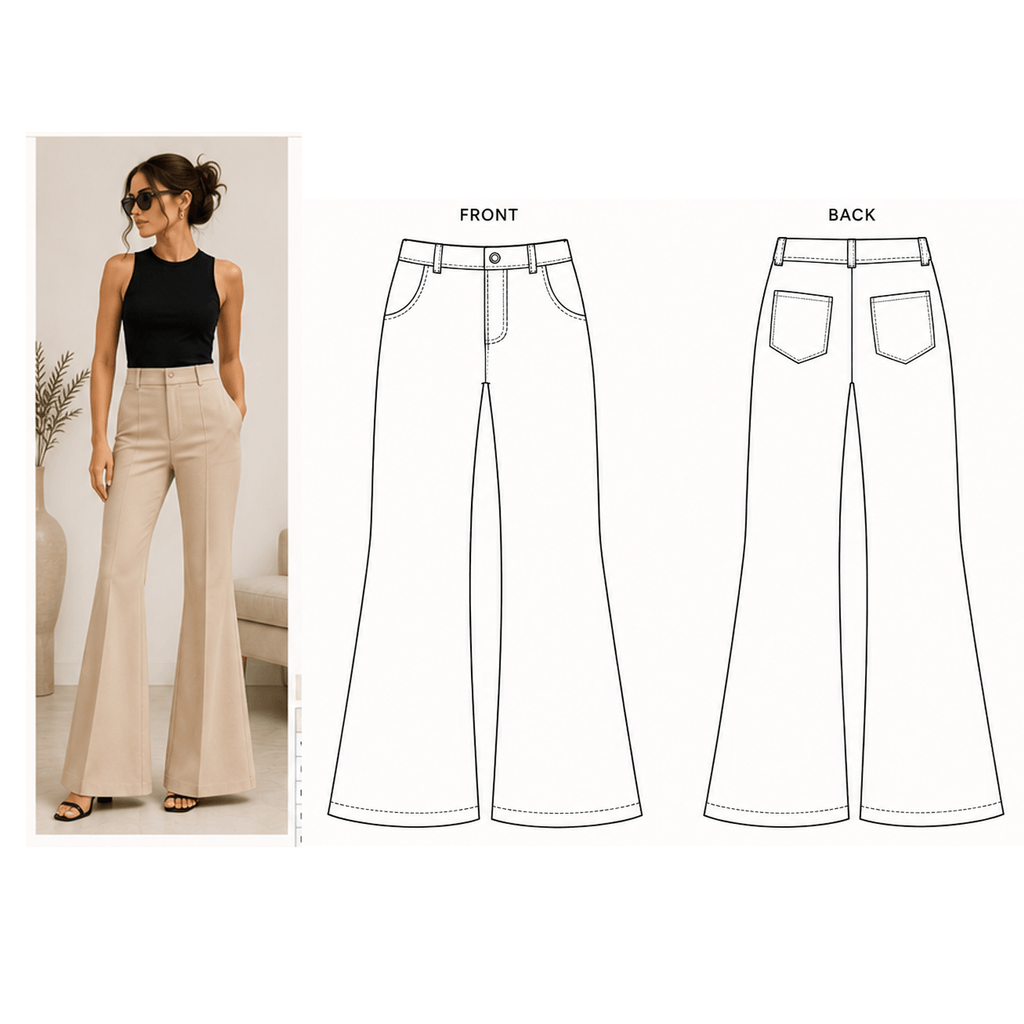 Flared Pants Sewing Pattern PDF | High Rise Bell Bottom | Instant Download | Sizes XS–5XL