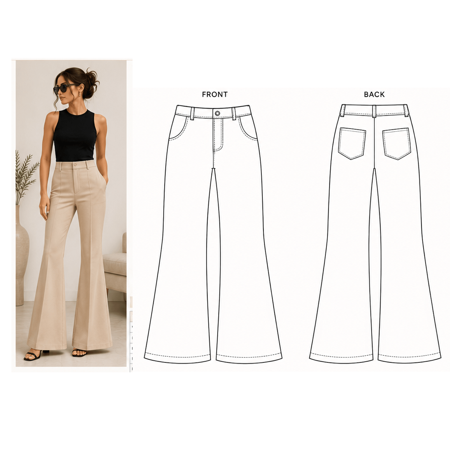 Flared Pants Sewing Pattern PDF | High Rise Bell Bottom | Instant Download | Sizes XS–5XL