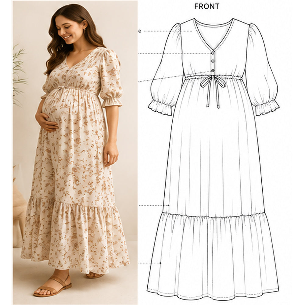 Floral Maternity Dress Sewing Pattern PDF | Maxi Length | Instant Download | Sizes XS–5XL
