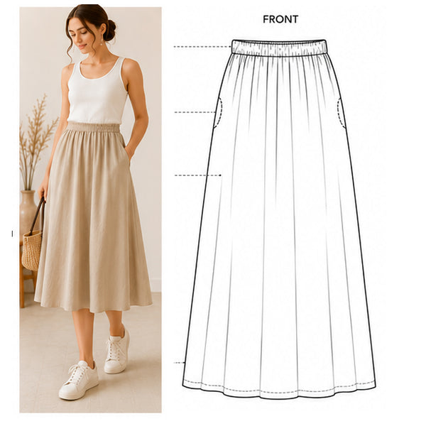Midi Skirt Sewing Pattern PDF | Instant Download | Sizes XS–5XL