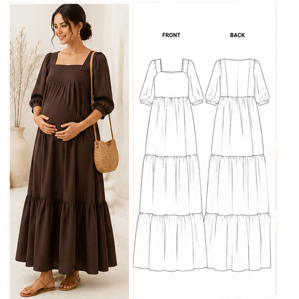 Plain Maternity Dress Sewing Pattern PDF | Square Neck Maxi | Instant Download | Sizes XS–5XL