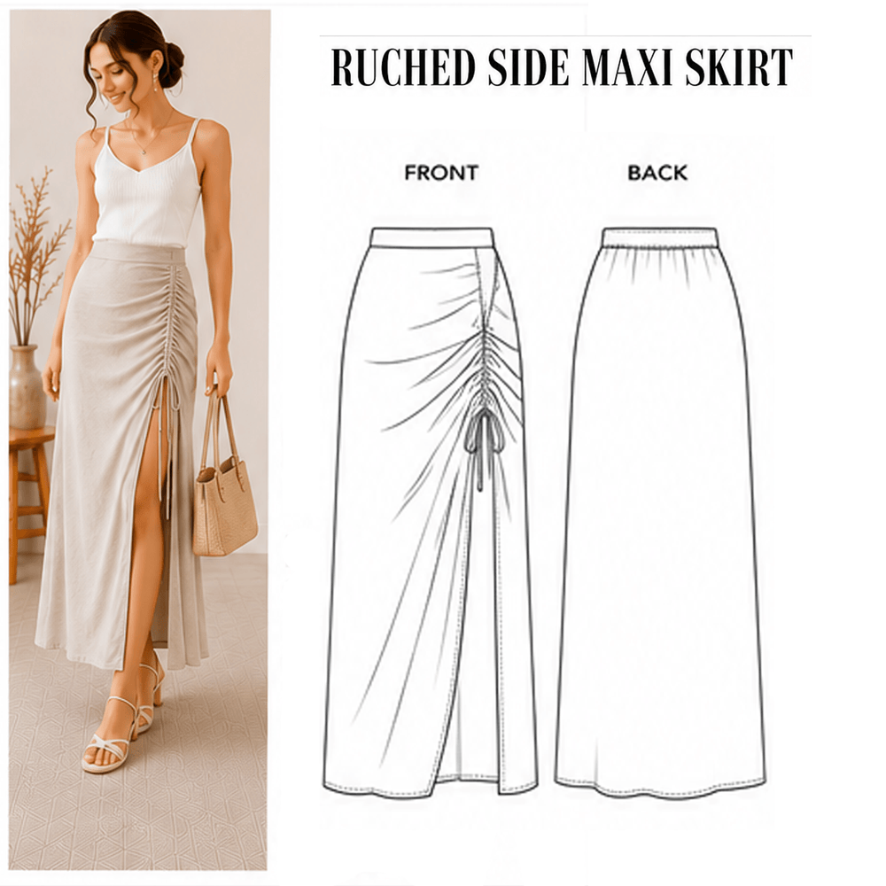 Ruched Side Maxi Skirt Sewing Pattern PDF | Draped Elegant | Instant Download | Sizes XS–5XL