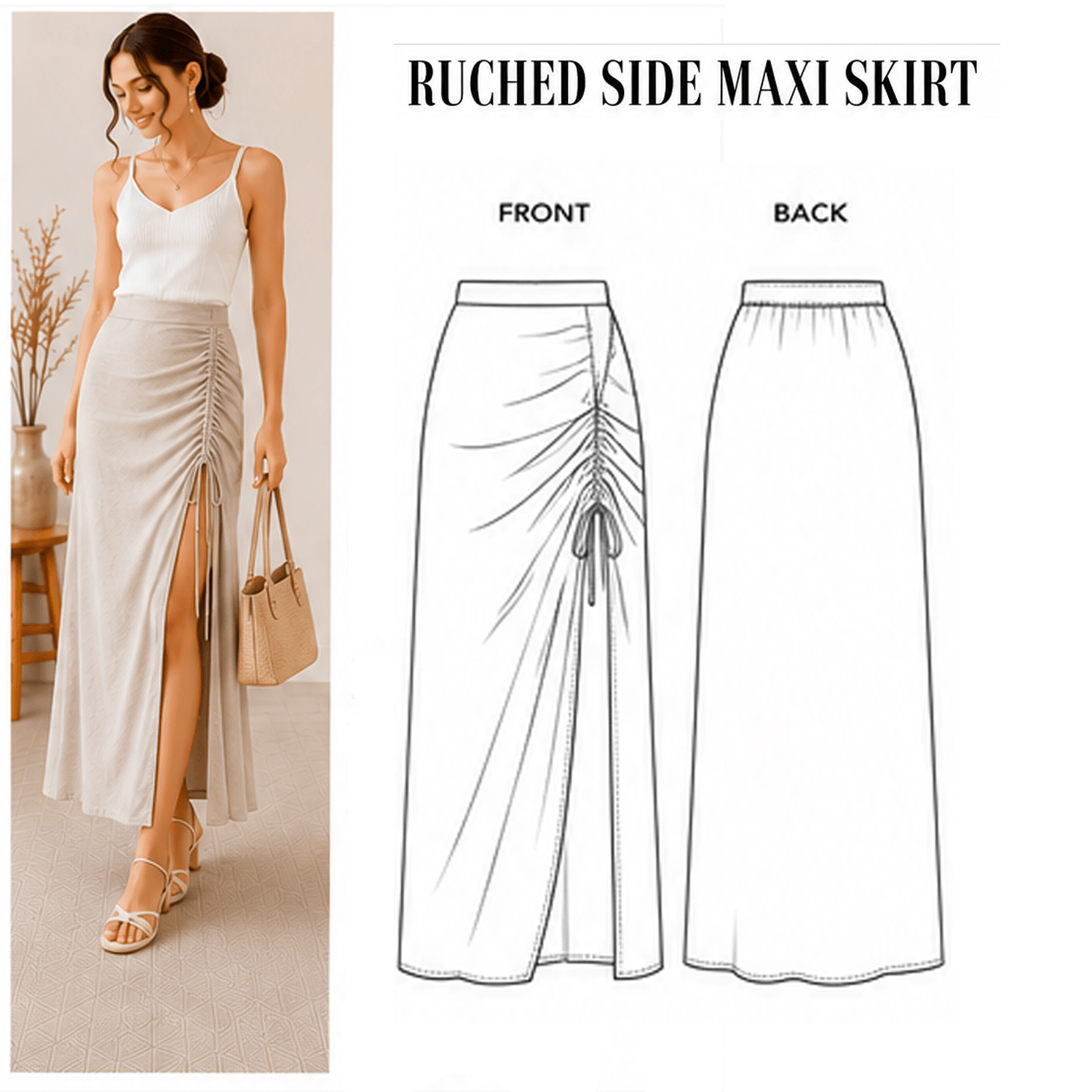 Ruched Side Maxi Skirt Sewing Pattern PDF | Draped Elegant | Instant Download | Sizes XS–5XL