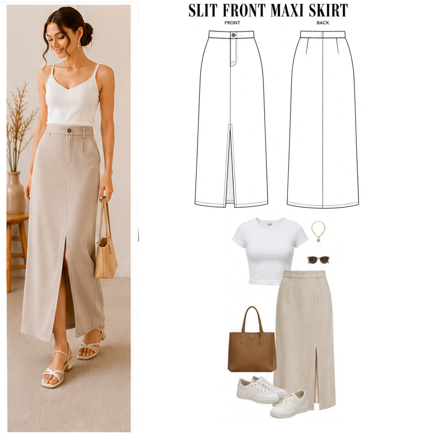 Slit Front Maxi Skirt Sewing Pattern PDF | Elegant High Waist | Instant Download | Sizes XS–5XL