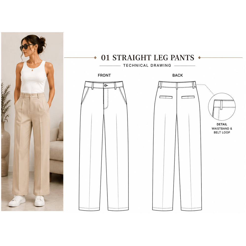Straight Leg Pants Sewing Pattern PDF | High Rise | Instant Download | Sizes XS–5XL