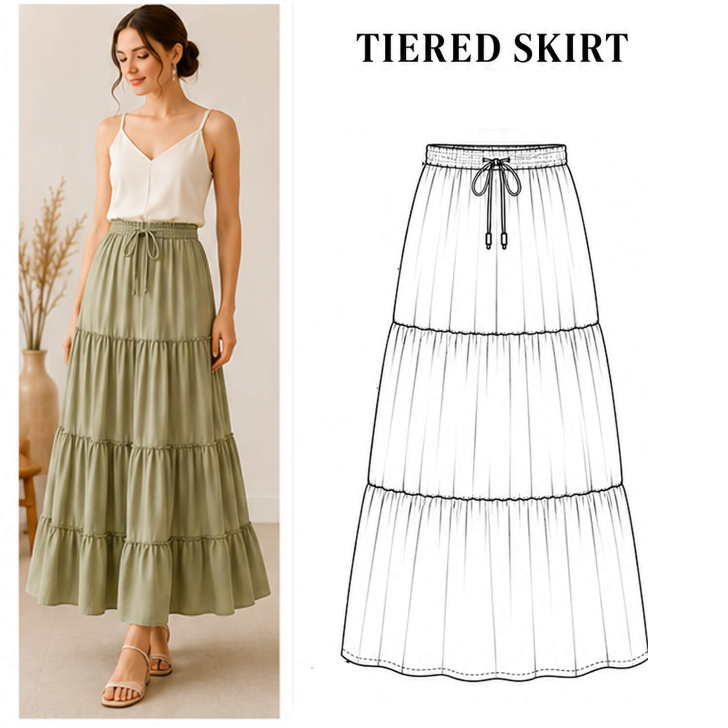 Tiered Skirt Sewing Pattern PDF | Gathered Midi Length | Instant Download | Sizes XS–5XL