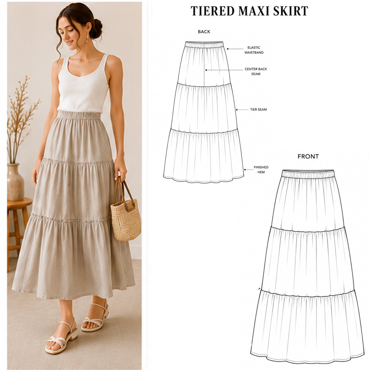 Tiered Maxi Skirt Sewing Pattern PDF | Boho Gathered Tiers | Instant Download | Sizes XS–5XL