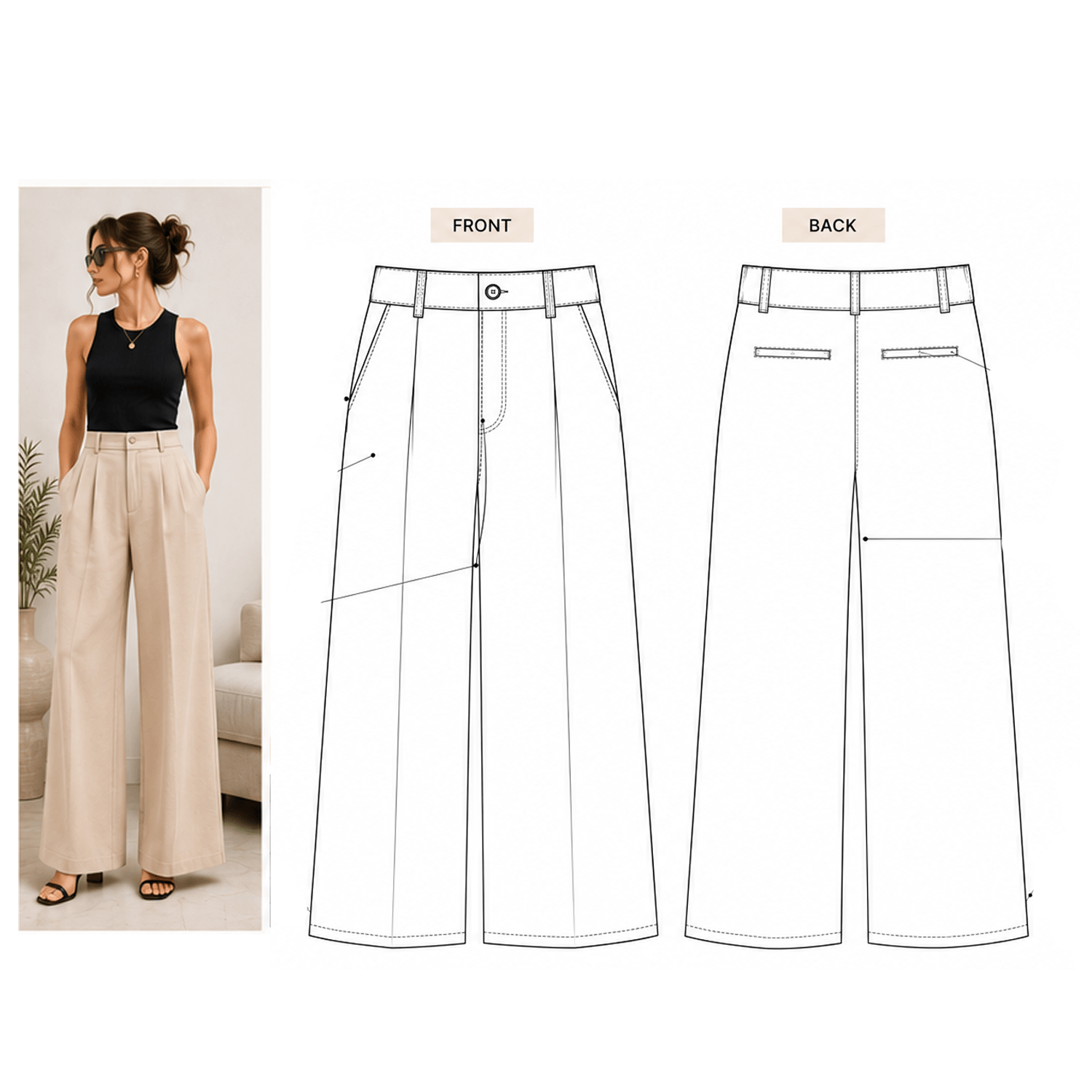 Wide Leg Pants Sewing Pattern PDF | High Rise Pleated | Instant Download | Sizes XS–5XL