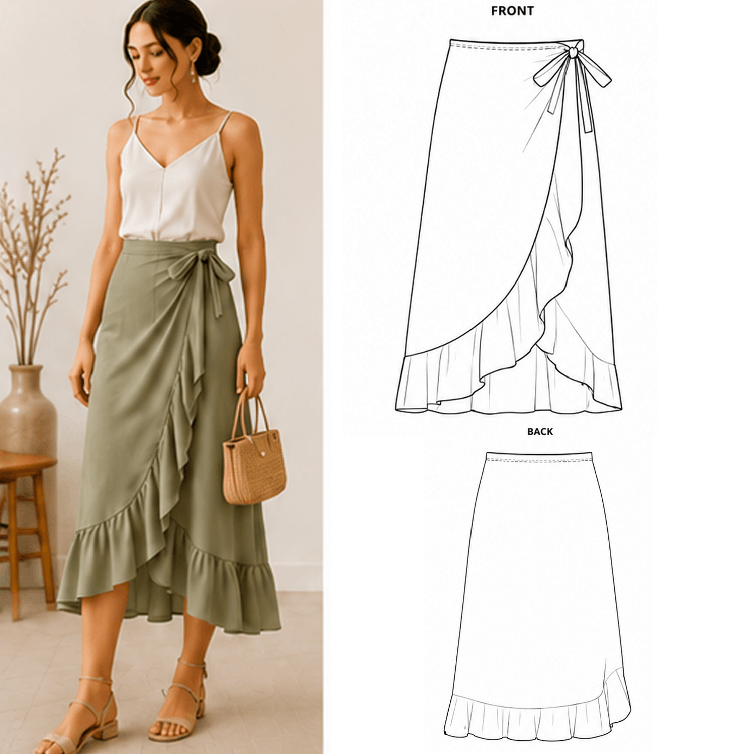 Wrap Skirt Sewing Pattern PDF | Self-Tie Midi Length | Instant Download | Sizes XS–5XL