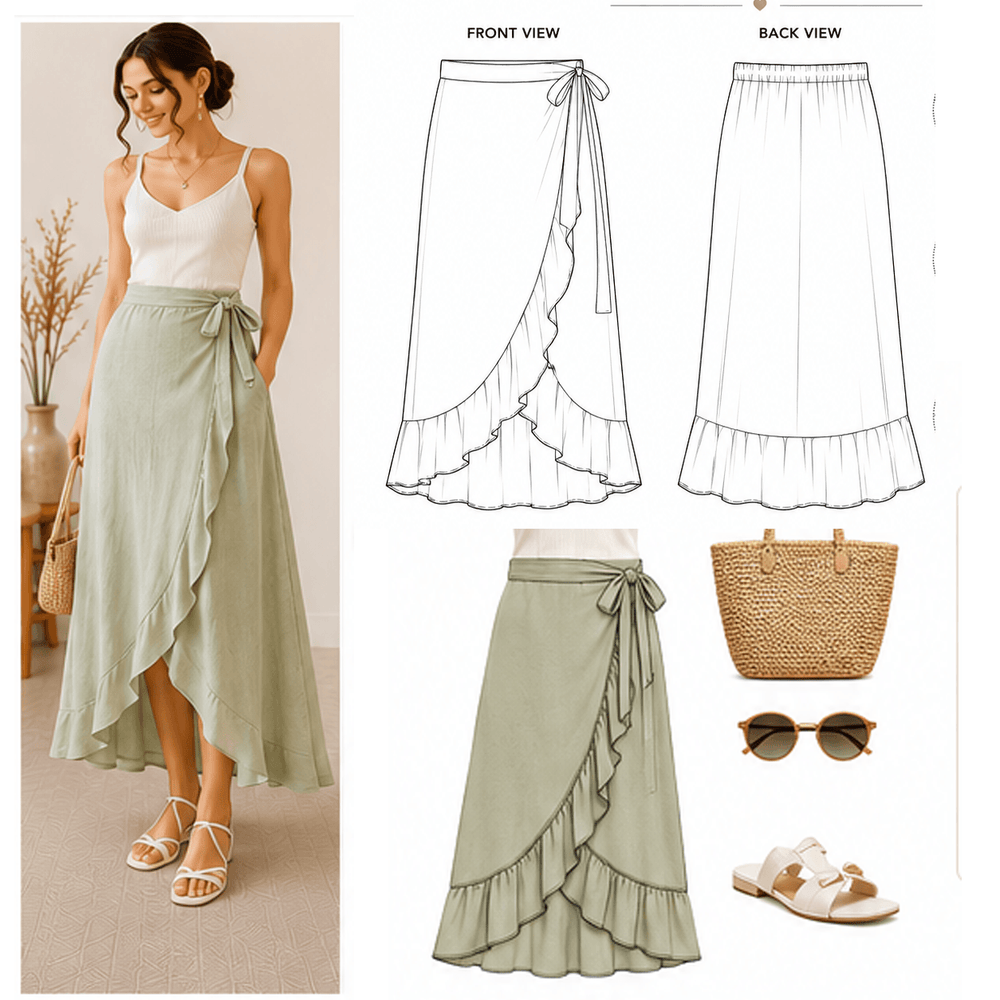 Wrap Tie Maxi Skirt Sewing Pattern PDF | Self-Tie Waist | Instant Download | Sizes XS–5XL