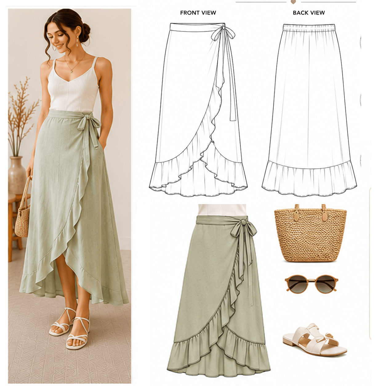 Wrap Tie Maxi Skirt Sewing Pattern PDF | Self-Tie Waist | Instant Download | Sizes XS–5XL