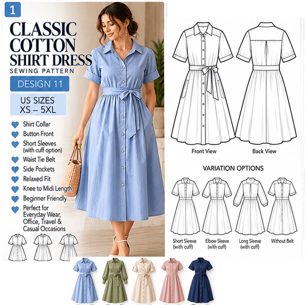 Classic Cotton Shirt Dress Sewing Pattern PDF Instant Download