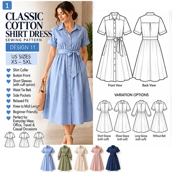 Classic Cotton Shirt Dress Sewing Pattern PDF Instant Download