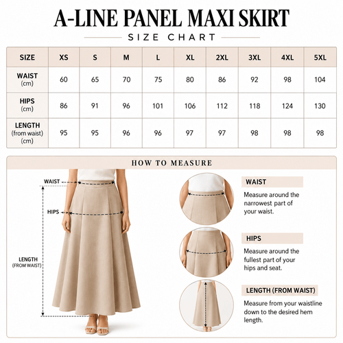 A-Line Panel Maxi Skirt sewing pattern size chart XS-5XL